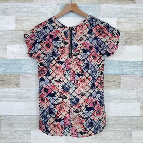 Japna Floral Grid Print Woven Top Pink Blue Exposed Back Zipper Casual Womens XS - Picture 3 of 5